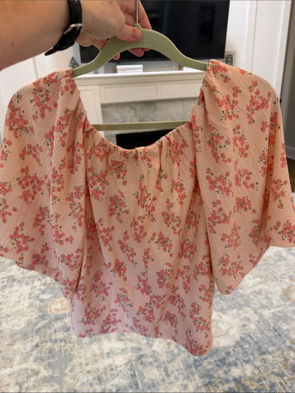 LOFT Blush Pink Floral Square-Neck Peasant Blouse